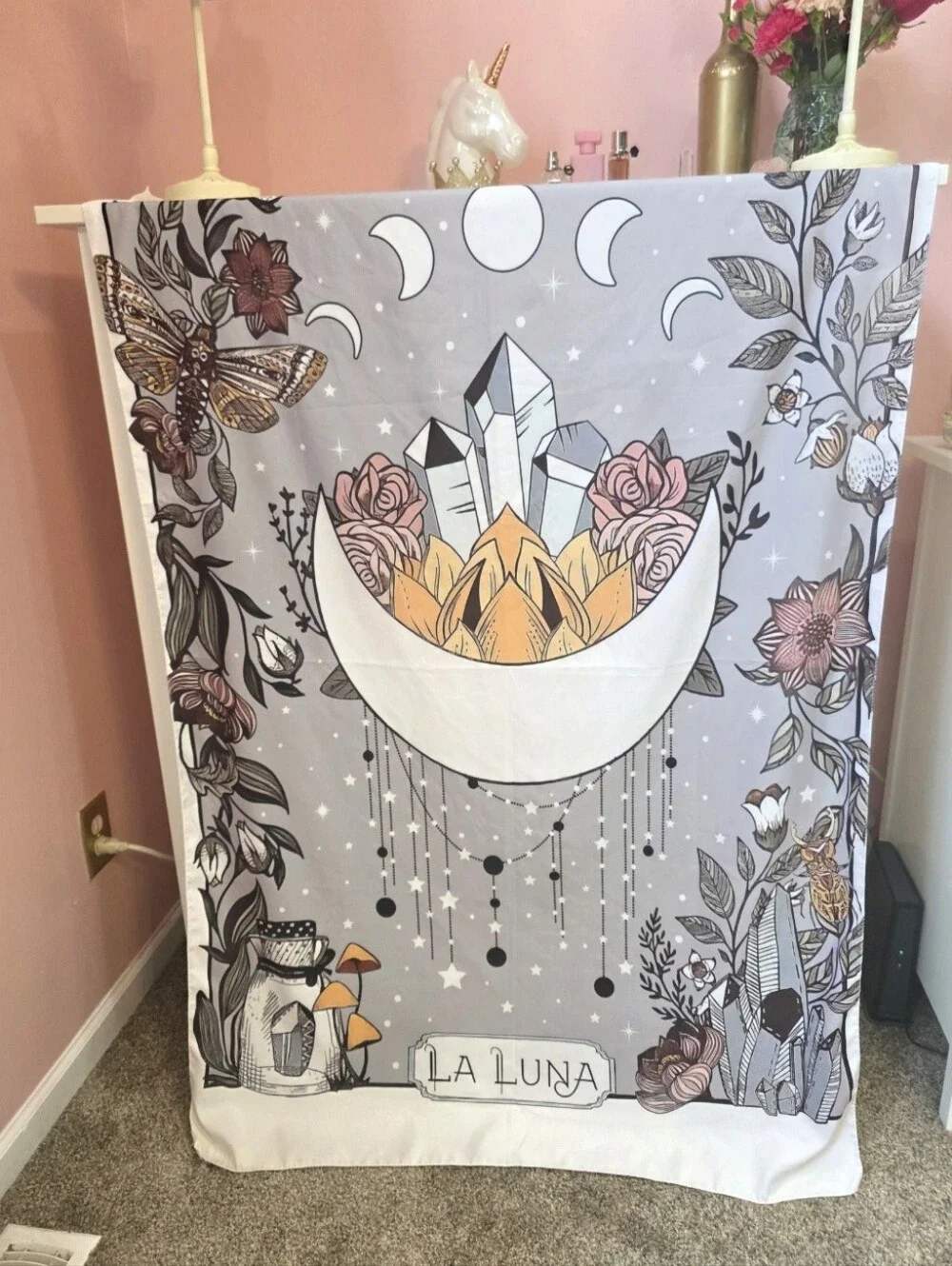 La Luna Celestial Moon Crystal Floral Tapestry 40x60 Witchy Boho Decor